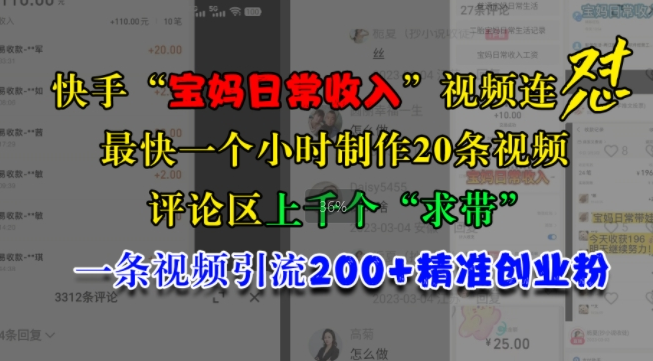 快手宝妈一小时制作20条视频，引流200+精准创业粉，评论区千人求带-小伟资源网