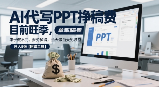 \”AI代写PPT旺季爆单，日结收益多劳多得，附赠高效工具日入5单！\”-小伟资源网