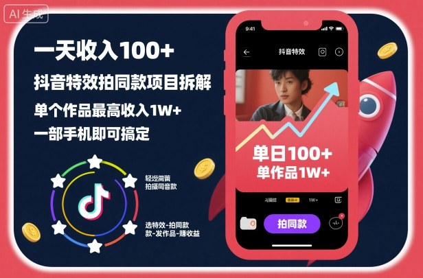 抖音特效拍同款项目拆解：一部手机日赚100+，单作品收入破万实战指南-小伟资源网