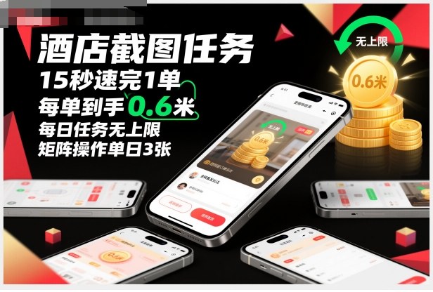 酒店截图任务新玩法揭秘：15秒完成一单，每单收益0.6元，任务无上限，矩阵操作日入3张详细教程-小伟资源网