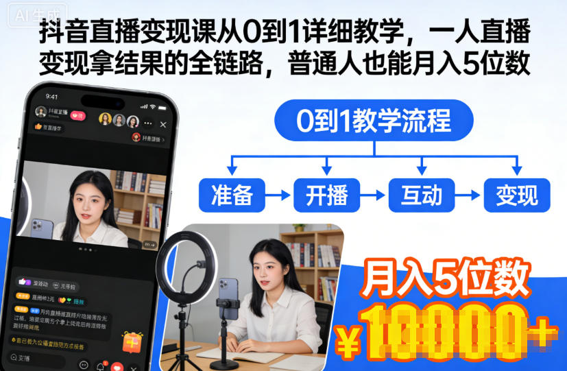 抖音直播变现课：从零开始详细教学，普通人月入五位数的全链路实战指南-小伟资源网