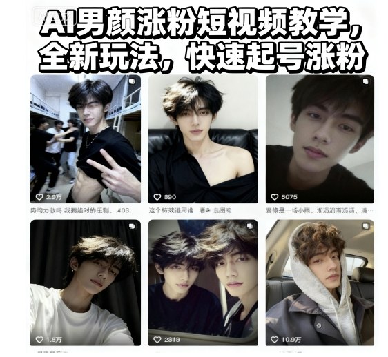 AI男颜涨粉短视频教学：全新玩法快速起号涨粉技巧-小伟资源网